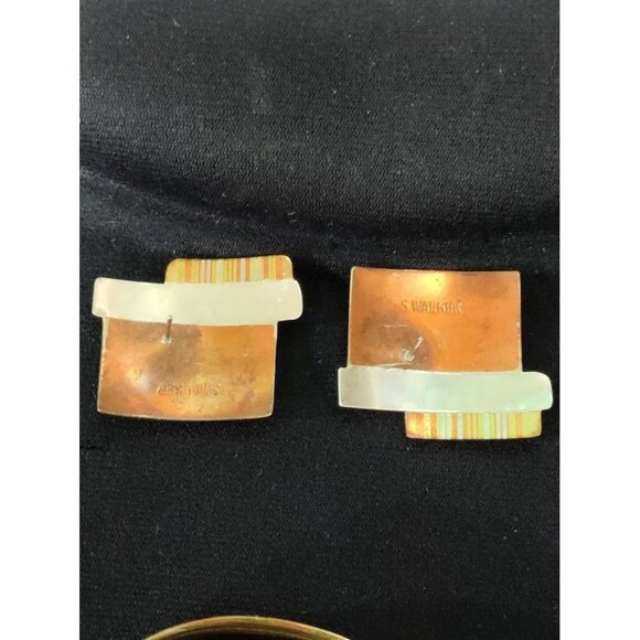Vintage S.Walker Modernist Sterling Silver and Brass Earring and Bracelet Set - Picture 9 of 10